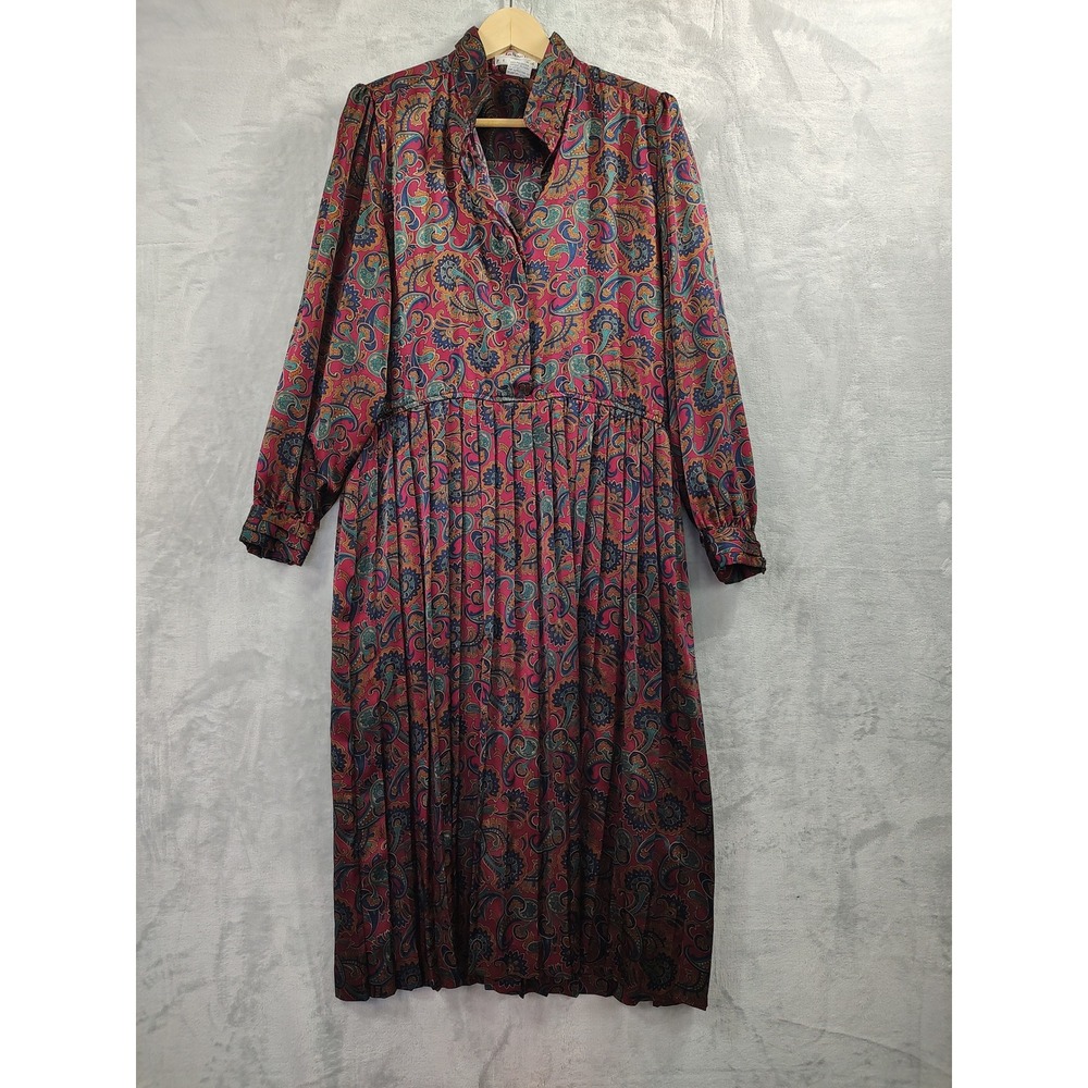 Vintage Talbots Petites 12 Paisley Pleated Midi Dress Long Sleeve Red Blue 90s
